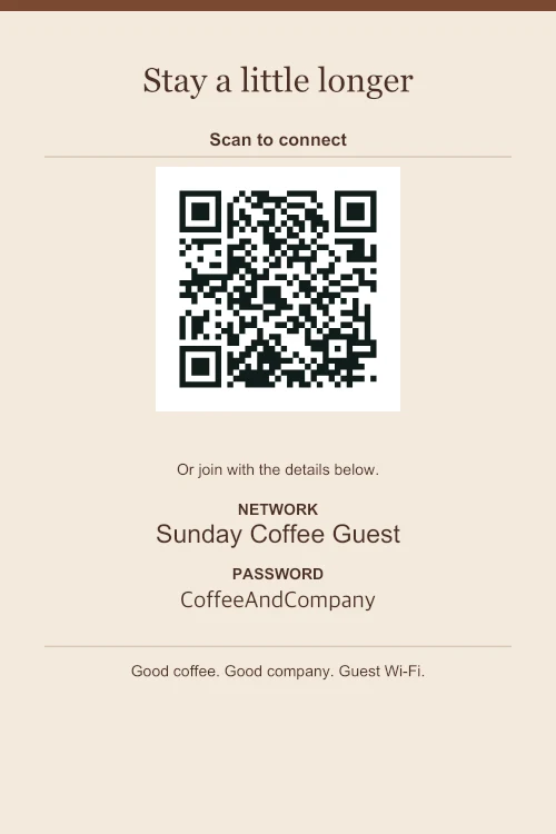 Coffeehouse WiFi sign for Sunday Coffee Guest with a QR code and password