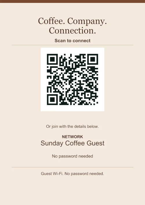 Coffeehouse WiFi sign with no password needed for an open guest network