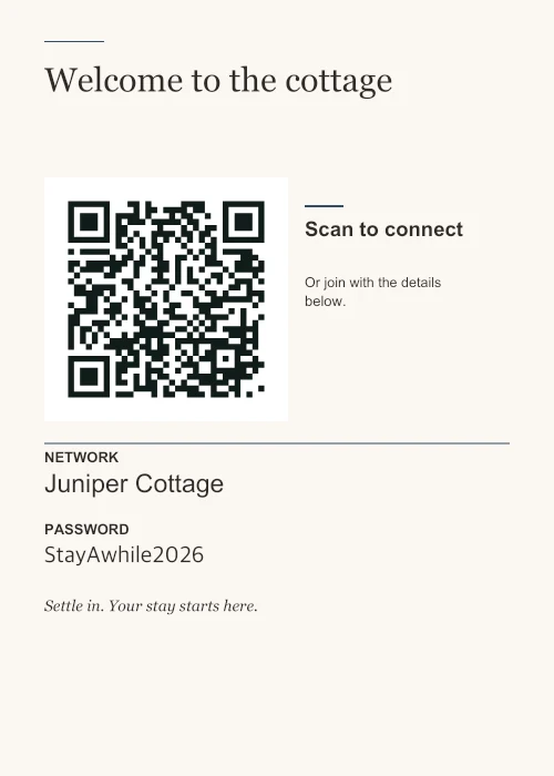 Concierge WiFi sign for the fictional Juniper Cottage guest network